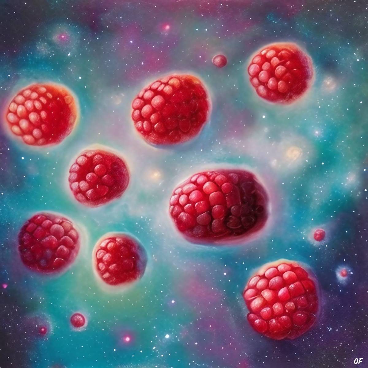 Oil painting of raspberries floating through space.