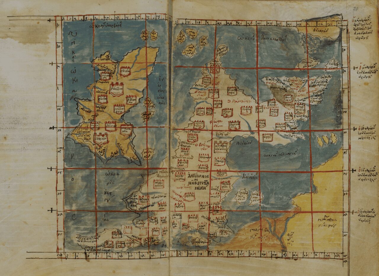 A 14-century Byzantine map of the British Isles. Note the lines of longitude and latitude, which use the original system invented by the Roman-era geographer Ptolemy.