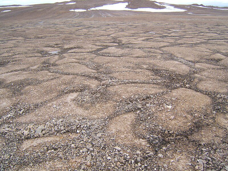 Patterned ground permafrost pattern seen on Devon Island, Canada.