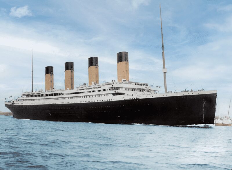 A colorized rendition of the RMS Titanic, resplendent as it prepares to embark on its maiden voyage from Southampton. The iconic vessel is bound for Cherbourg to collect passengers before setting sail for New York.