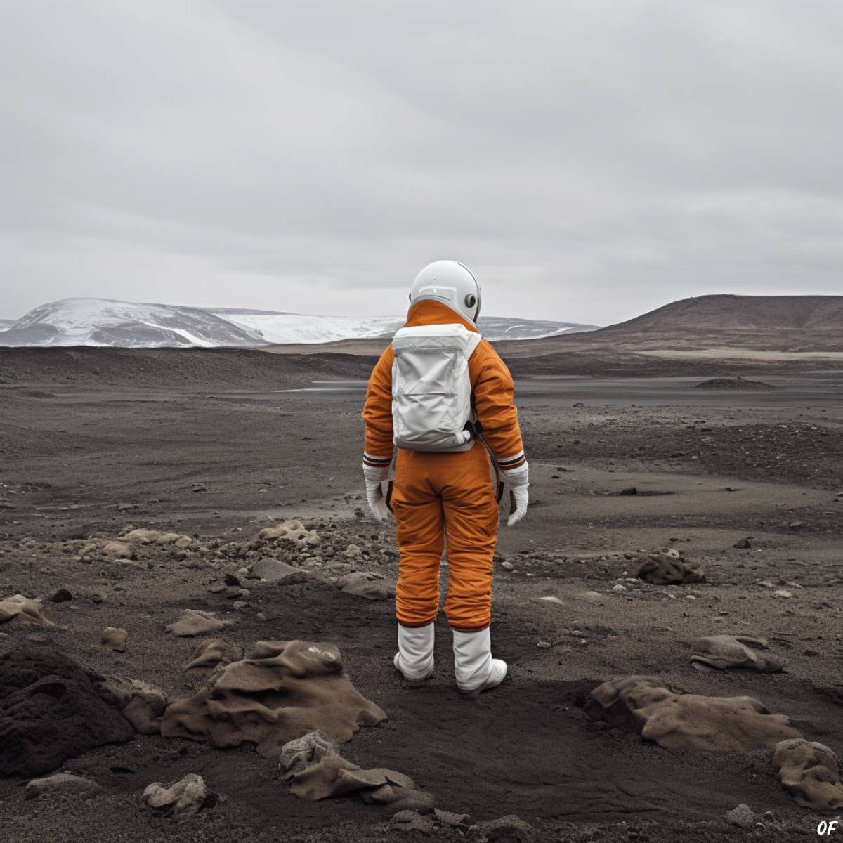 A scientist researcher wearing a prototype spacesuit looking across the desloate landscape of Devon Island.
