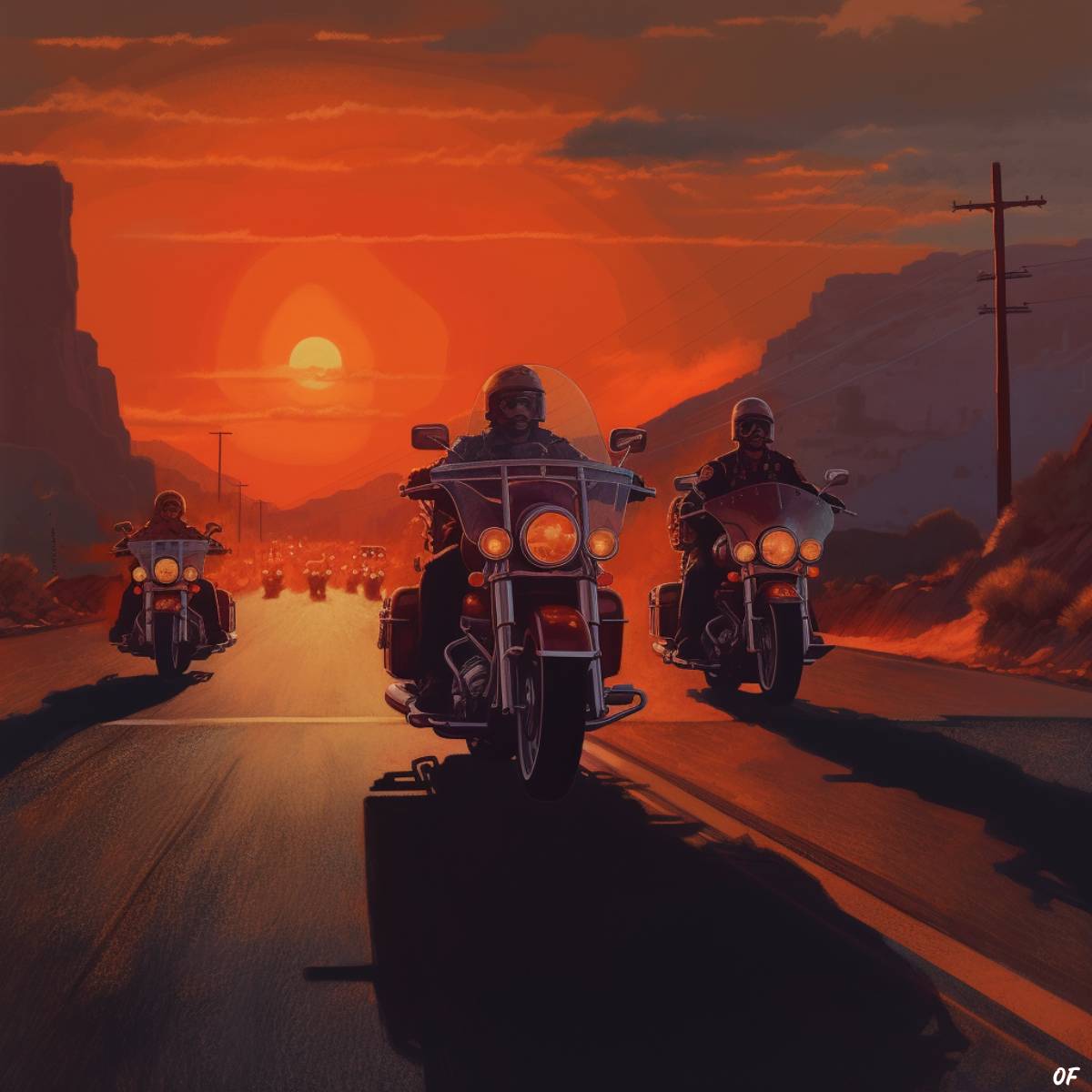A Hells Angel Chapter riding in formation as the sun sets behind them.