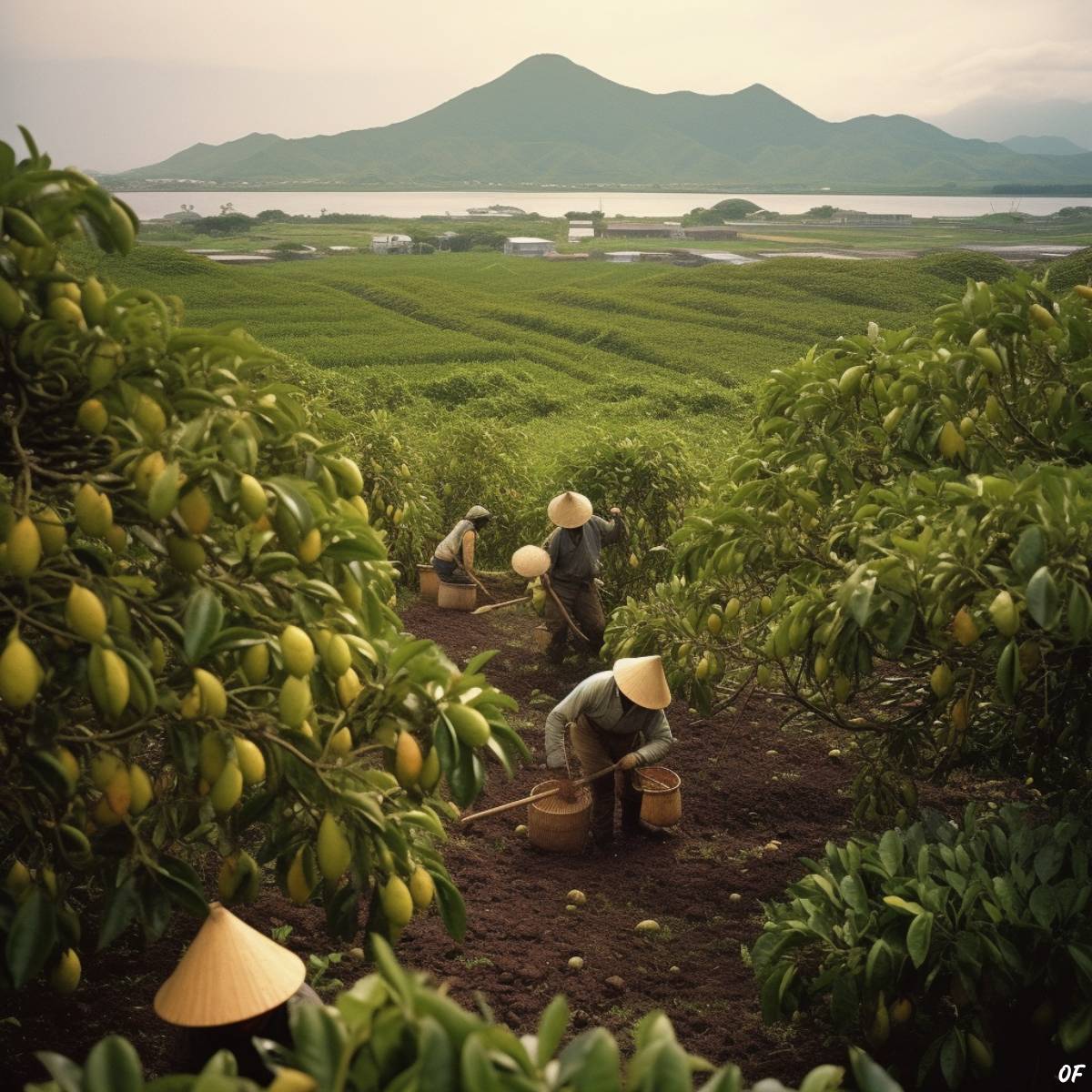 Japanese fruit pickers harvesting Miyazaki Mangoes in Kyushu, Japan.