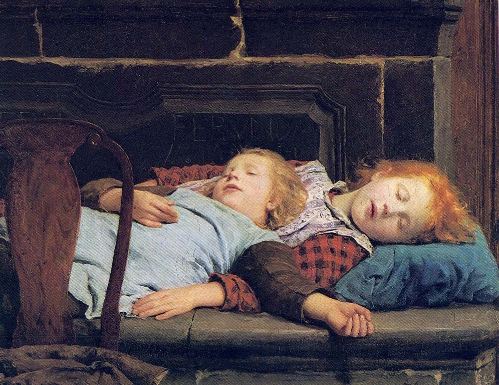 A painting exploring segmented sleep featuring two children dozing near a fireplace.