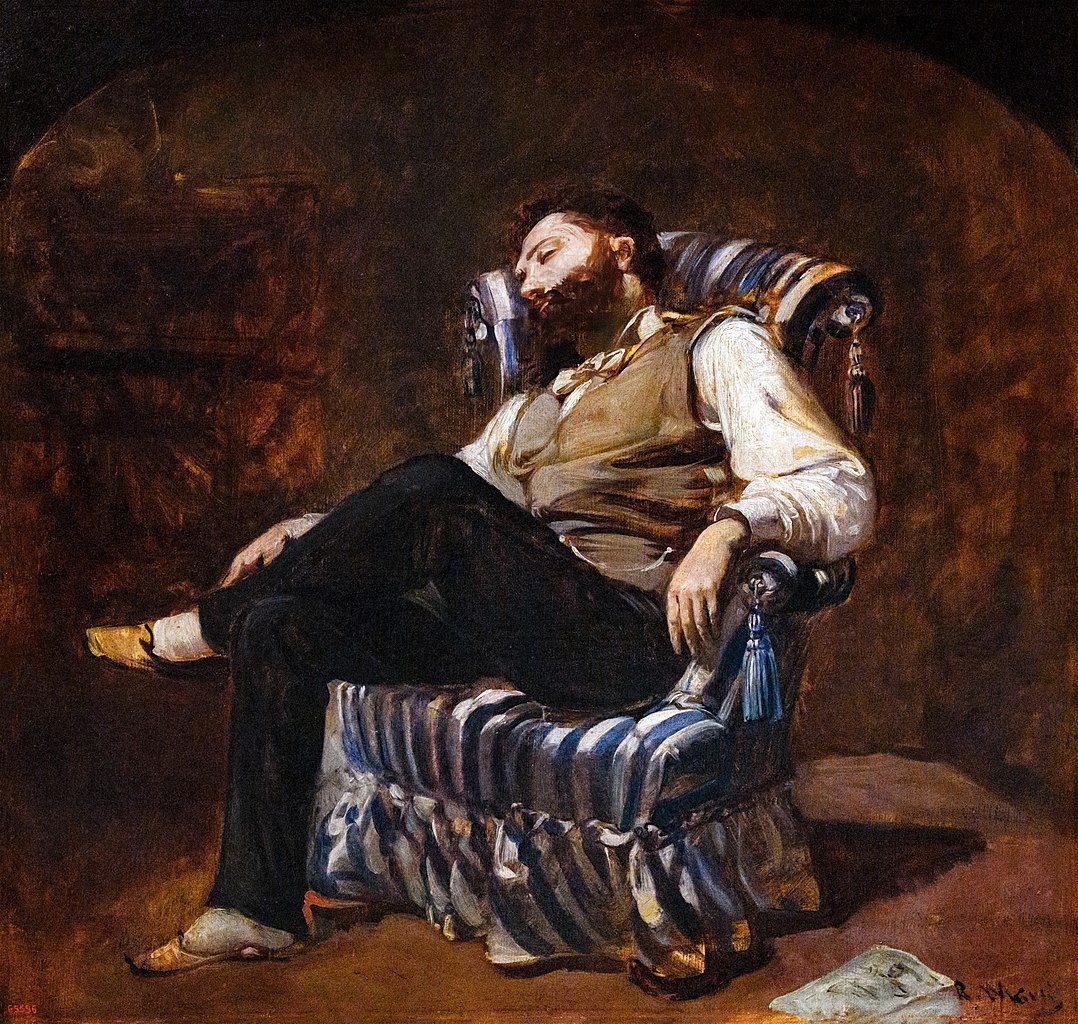 A painting exploring segmented sleep and naps featuring a man in a chair.