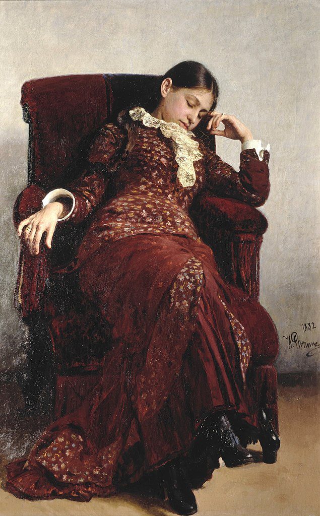 A segmented sleep exploration through a painting of a woman sleeping in a red chair.