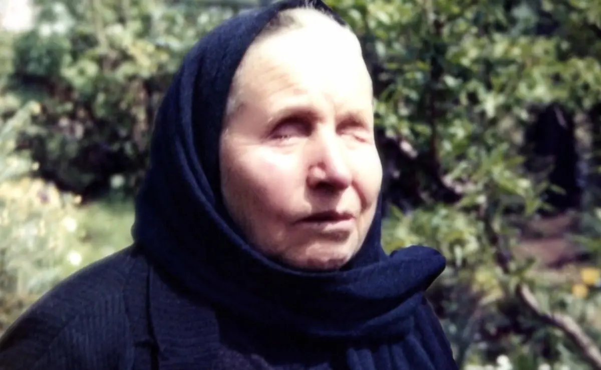 An old Baba Vanga wearing a black scarf, the Red Nostradamus of the Balkans.